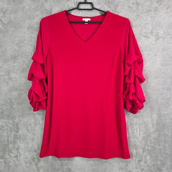 Womens EST. 1946 Red Tunic Top Ruffle Sleeves V Neck Polyester Blend Size XL - Picture 2 of 10